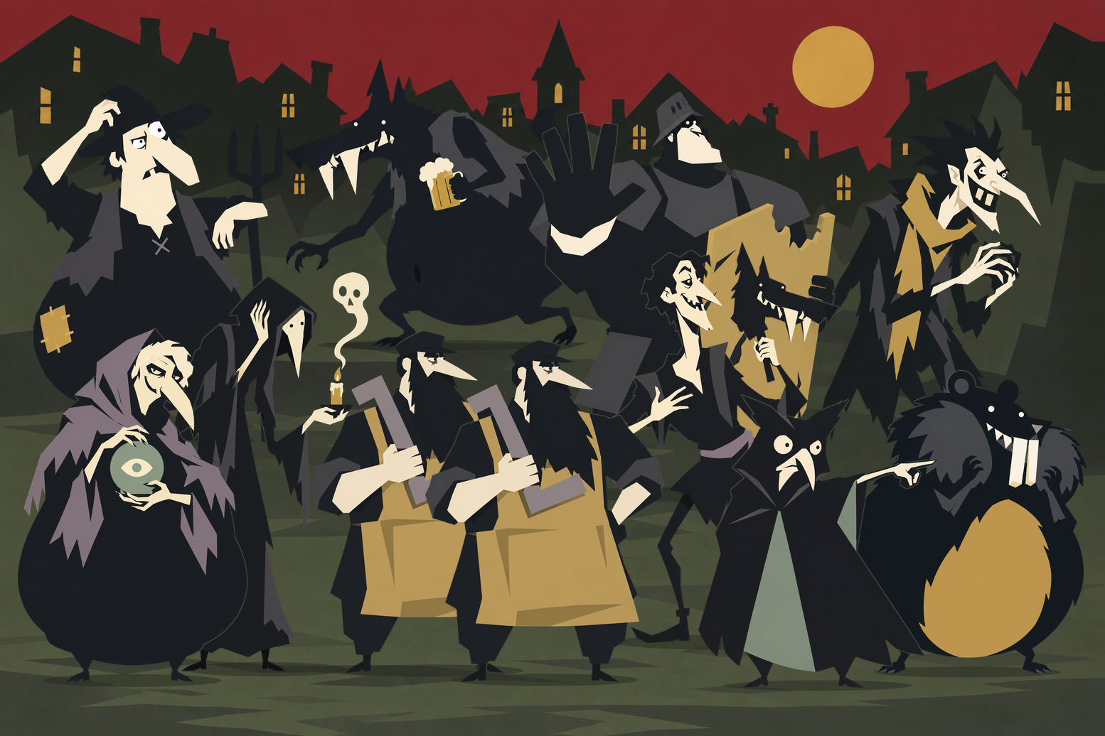 The Classic cast together: a wolf, villagers and special characters.
