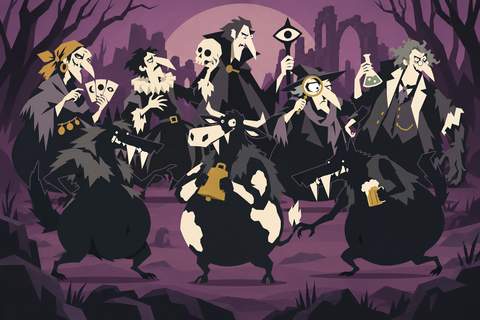 The eight characters of A Pack of Lost Causes among ruins and twisted trees beneath the moon.